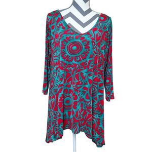 Clara Sunwoo Patterned Tunic Top Turquoise Red Size XL
